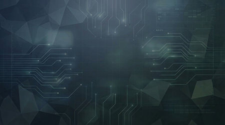 A high-tech graphical backdrop showcases glowing digital connections and a faint geometric grid, creating a futuristic atmosphere suitable for data, computing, and AI presentations. Deep teal and green hues dominate the scene.の素材