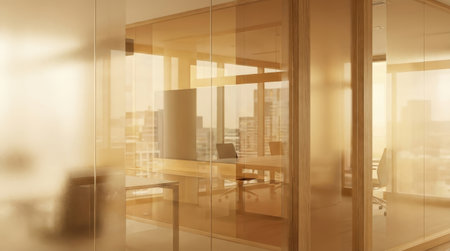 A contemporary meeting room bathed in warm, golden light, featuring sleek glass partitions, wooden accents, and a blurred cityscape outside. Professional and inviting atmosphere.の素材
