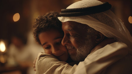 A heartfelt moment captured in warm, golden tones, emphasizing cultural attire and emotional connection in an intimate indoor atmosphere.の素材