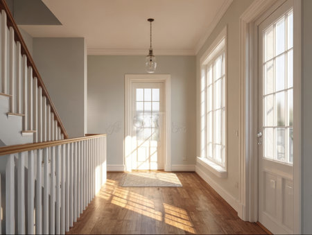 A serene interior space with soft sunlight streaming through large glass doors and windows, showcasing wooden flooring and a white staircase.の素材