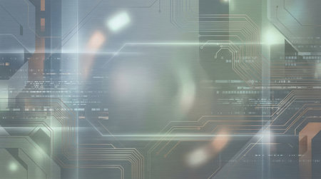 Dynamic background shows intricate circuit patterns and abstract data elements over a sleek metallic texture with ethereal light effects, suggesting advanced digital operations and connectivity.の素材
