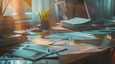 Sunlit workspace with scattered papers, books, a laptop, and a plant on a wooden desk. Warm tones create a busy yet cozy atmosphere during the day.の素材