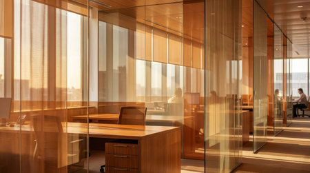 Sunlit contemporary office interior featuring sleek glass partitions, wooden desks, and a spacious, productive atmosphere during the day.の素材