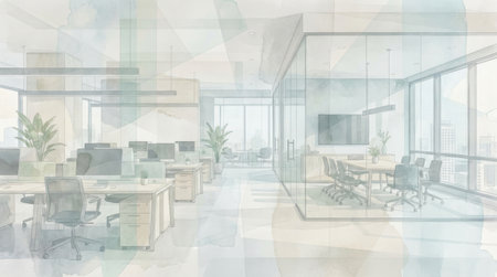 Artistic watercolor illustration of a contemporary open-plan office space featuring workstations, a conference room, and city views. Soft, pastel tones create a tranquil, professional ambiance.の素材