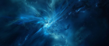A breathtaking view of a blue nebula with swirling light patterns and distant stars in the vastness of the cosmos. A serene and mystical ambiance.の素材