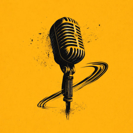 Vintage black microphone with smooth details set against a bold yellow backdrop. Artistic splashes add a dynamic retro feel, blending nostalgia and creativity.の素材
