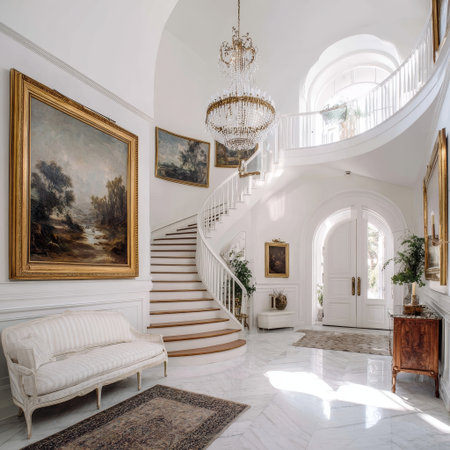 A luxurious entrance featuring a curved staircase, gold-framed paintings, a crystal chandelier, and white marble flooring bathed in natural light.の素材