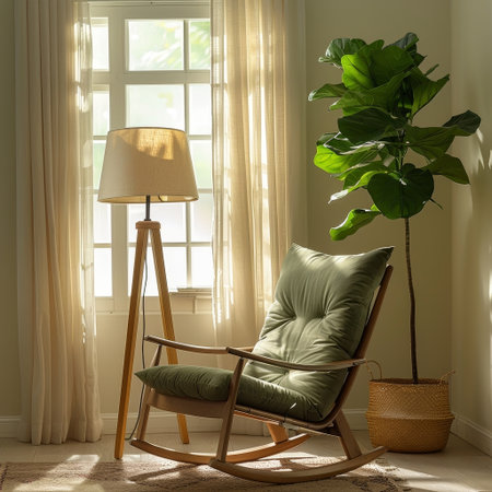 Bright living room with soft natural light, featuring a green-cushioned wooden rocking chair, an elegant floor lamp, and a Ficus lyrata in a woven basket.の素材