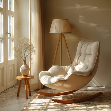 Bright living room featuring a beige rocking chair, wooden furniture, and soft natural light filtering through sheer curtains, creating a calm atmosphere.の素材