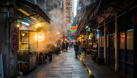 The narrow cobblestone street of a busy Taipei night market comes alive after dark. Warm glows from food vendors and colorful neon signs pierce through the rising steam, creating an enchanting atmosphere. Pedestrians move quickly, captured in motion blur, highlighting the dynamic urban pace.の素材