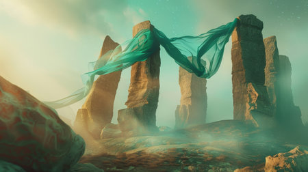 Enchanting stone pillars draped with green translucent fabric under a dreamy, starry sky. The foreground features arid terrain, creating a surreal landscape.の素材