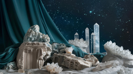 Elegant crystals and ancient ruin fragments rest on shimmering sand with a backdrop of green fabric and a starry night sky, creating a magical atmosphere.の素材