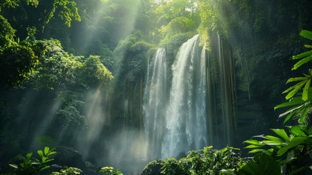Sunlight beams pierce through dense green foliage, illuminating a cascading waterfall surrounded by vibrant tropical plants in a serene rainforest setting.の素材
