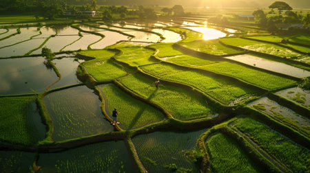 Aerial view of lush green terraced rice fields with farmers working under the golden sunset, creating a serene and idyllic rural landscape.の素材
