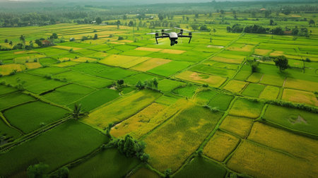 Aerial view of vibrant rice fields with a drone in motion above. The landscape features different shades of green and golden patches under a calm atmosphere.の素材