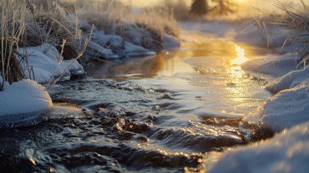 A serene stream flows through a snowy field, reflecting warm golden sunlight during a peaceful winter sunrise. Frosty grasses frame the scene beautifully.の素材