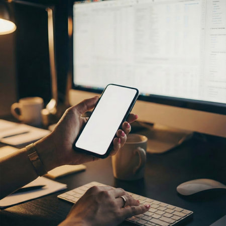 Female hand using phone by a workspace with a glowing monitor, warm lighting, mugs, and a stylish desk setup, conveying a tech-savvy atmosphere.の素材