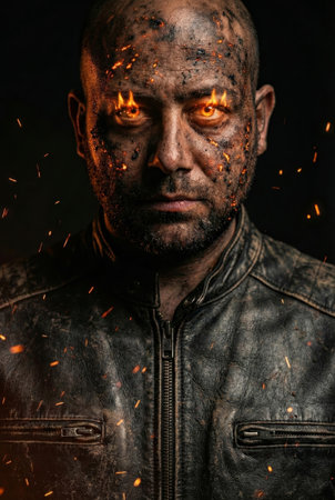 Close-up of a rugged leather jacket surrounded by glowing orange sparks, creating a dramatic and intense atmosphere against a dark backdrop.の素材