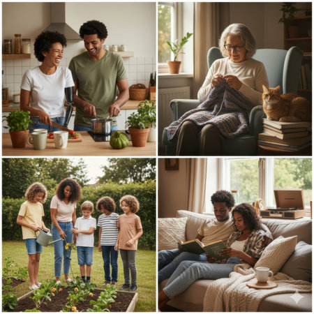 A family cooking, gardening, and reading indoors. Warm natural light, cozy atmosphere, vibrant greenery, and relaxed activities depict a peaceful lifestyle.の素材