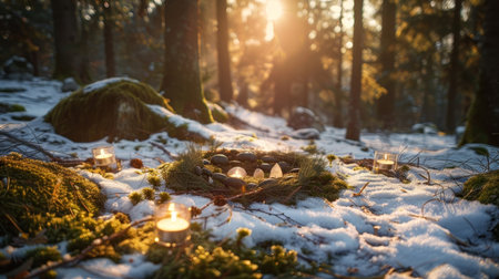 A serene winter forest scene with glowing candles and crystals arranged on snowy moss, illuminated by golden sunlight filtering through the trees.の素材