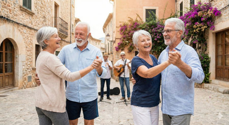Joyful elderly couples dancing in a picturesque village square with cobblestone streets, surrounded by vibrant flowers and rustic buildings as musicians perform.の素材
