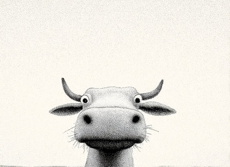Monochrome cartoon cow staring directly with wide eyes, featuring a minimalistic dot work art style on a white background.の素材