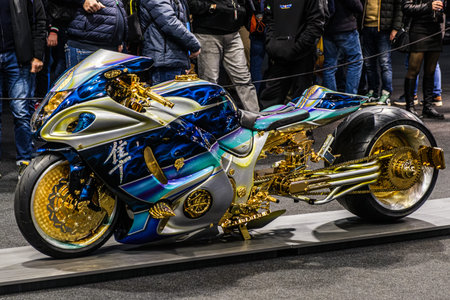 Verona,Italy: 2026 01 24 MBE Motor Bike Expo Suzuki Hayabusa Extravagant show bike with iridescent...