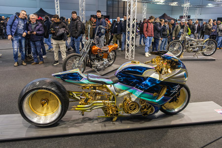 Verona,Italy: 2026 01 24 MBE Motor Bike Expo Suzuki Hayabusa Extravagant show bike with iridescent...