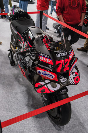 Verona, Italy: 2026 01 24 MBE Motor Bike Expo Marco Bezzecchi Aprilia MotoGP Racing Motorcycle...