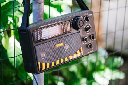 Black radio with tuning knobs and yellow accents, suspended on a metal pipe near vibrant green foliage. A nostalgic device in natural surroundings.