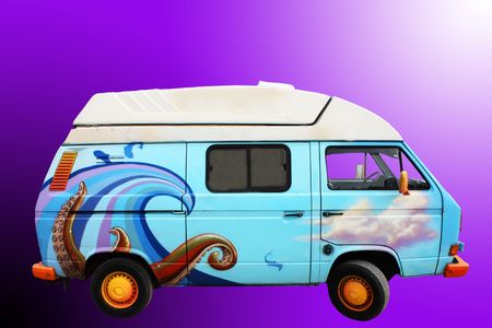 A retro blue van with ocean drawings on itの写真素材