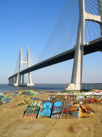 Big skate park with a bridge on the backのeditorial素材