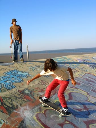 Big skate park with two boys skatingのeditorial素材