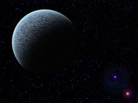 A blue alien planet with a starscape in the background