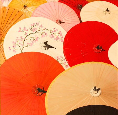Colorful original oil painting of chinese umbrellasの写真素材