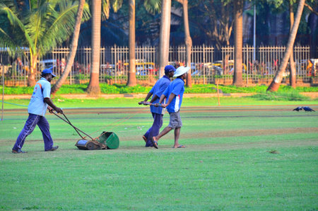 Mumbai, India - October 2013 - Workers using small lawn mower to cut green garss at public field in...