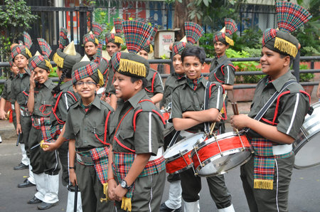 Mumbai, India - January 23, 2014 - Students parading near Marine Drive  during the rehearsal on 23...