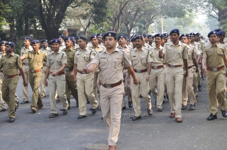 Mumbai, India - January 23, 2014 - Police parading near Marine Drive  during the rehearsal on 23 January 2014 for India's Republic Day to be held on 26 January 2014 のeditorial素材