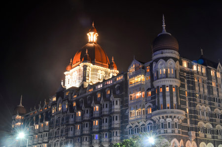 Taj Mahal Palace at night in Mumbaiのeditorial素材