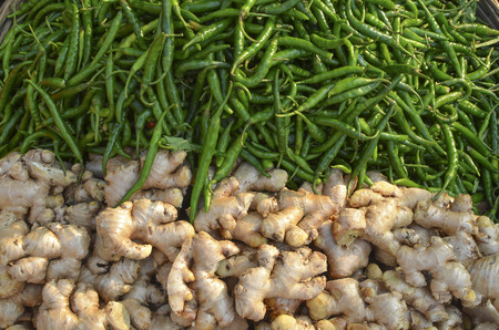 Pile of green chili and gingerのeditorial素材