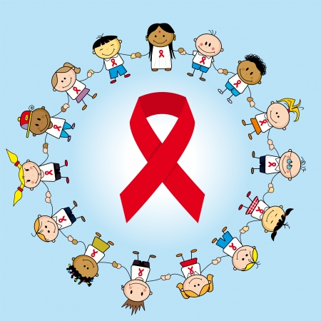 Group of childrens around aids ribbon.のイラスト素材