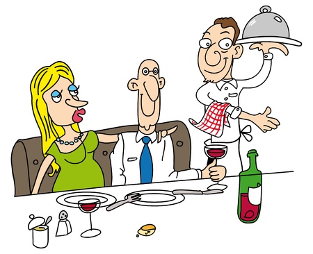 a couple eats to the restaurant  The waiter brings them a plateのイラスト素材