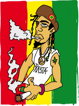 Illustration of a rastafarian man on a jamaican flagのイラスト素材
