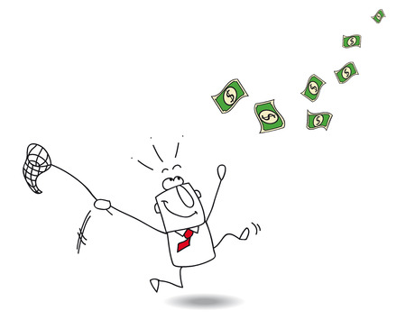 A businessman run after banknotes with a fishing netのイラスト素材