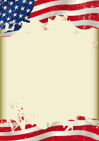 A poster with a large scratched frame and a Grunge USA flag for your advertising.のイラスト素材