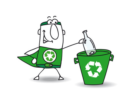Recycle-Man the superhero recycles a glass bottle in a specific trashのイラスト素材