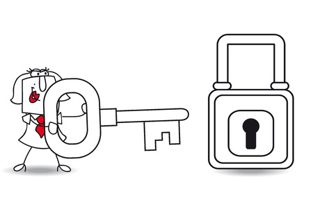Karen with a key and a padlock. It is a metaphor of security or the metaphor to find a solution.のイラスト素材