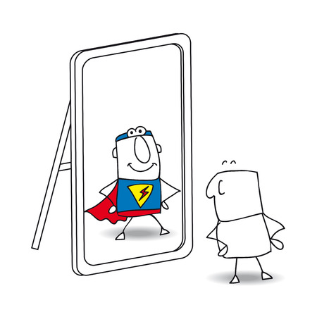 Joe looks in the mirror. He sees a superhero in the reflection. It's a metaphor of the power which is in each personのイラスト素材