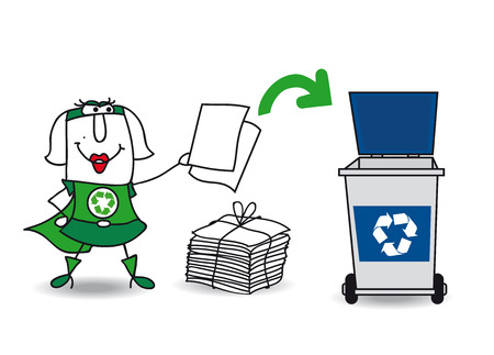 Karen, the super green women recycles paper and carton in a specific trashのイラスト素材