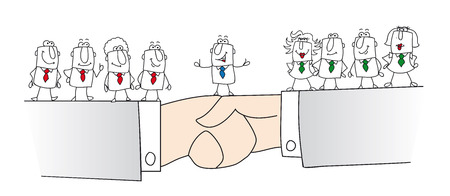 Two groups of people are not agree but joe is  the best mediator . He finds a conciliation between the two partsのイラスト素材